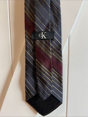 Calvin Klein Navy Tie with Burgundy and Gold Diagonal Stripes